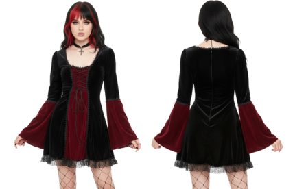 Gothic Two-Tone Velvet Bell-Sleeve Mini Dress